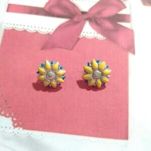 Italy Sterling Silver 925 Flower Stud Earrings Yellow/Blue Enamel Posts Jewelry
